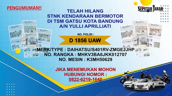 Pengumuman Telah Hilang STNK di TSM Gatsu Kota Bandung A/N Yulli Aprilliati